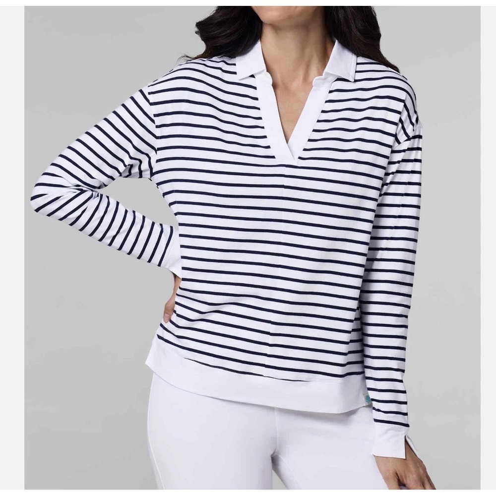 Coolibar UPF 50+ Fontainebleau Polo V-Neck Shirt Striped Preppy‎ Casual XS